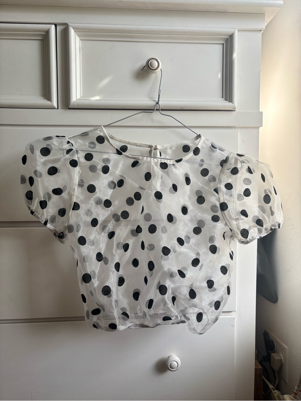 Sheer White Polka Dot Puff Sleeve Top